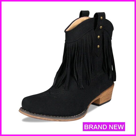Shoes - Suede Fringe Ankle Boots Boho Western Cowgirl Retro Chunky Heel Pull-On